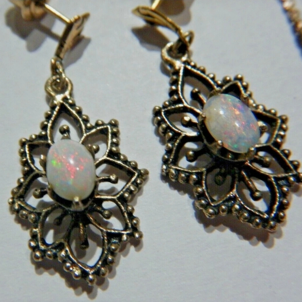Vintage 1970s Filigree Opal Drop Earrings | Dainty Boho Chic Elegant Beautiful